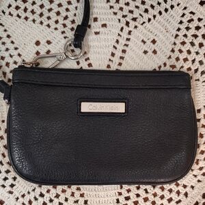 Calvin Klein Black Butter Soft  Leather Small Wristlet Zip Top Two Compartments